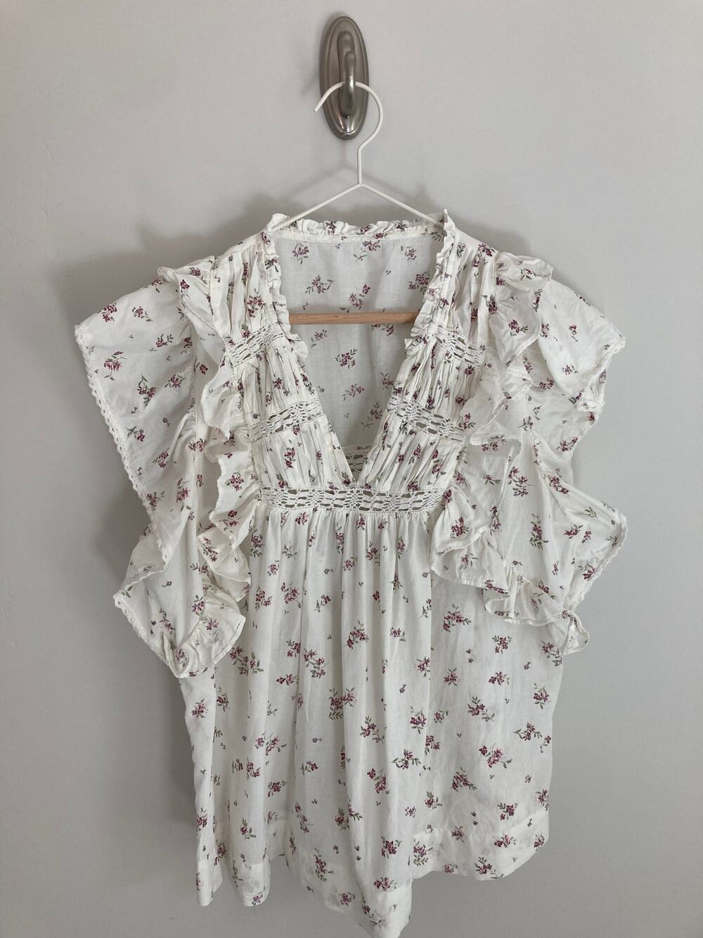 Neo Noir Copenhagen White 100% Cotton Ruffle Blouse Puff Sleeve Top